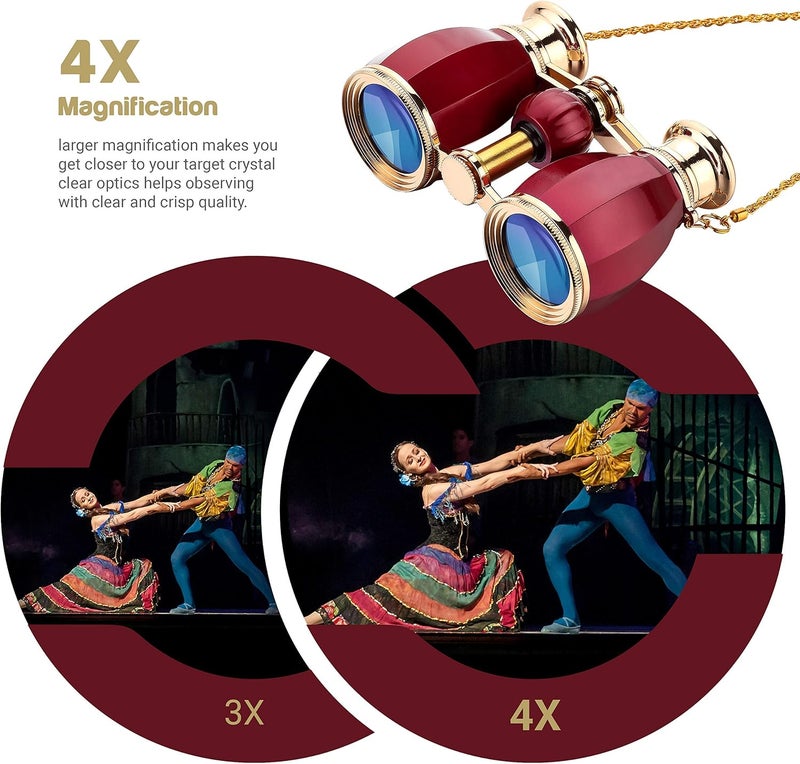 ESSLNB Opera Glasses Binoculars for Women Adults 4X30mm Theater Glasses Compact Binoculars for Theater and Concerts Antique with Case Removable Chain (Red) - Image 3